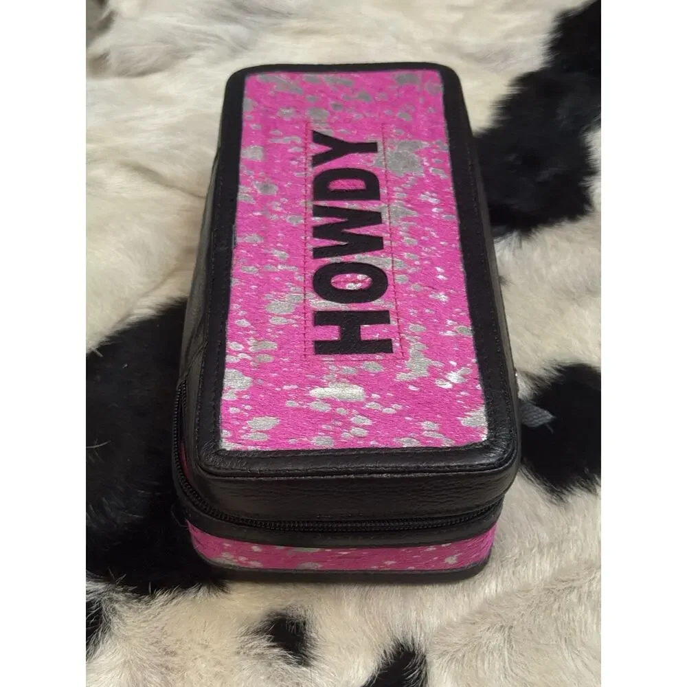 PINK Acid Wash HOWDY Hide & Leather Zip Travel Dresser Jewelry Box Cuff Case
